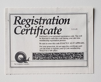 Commodore C1670: QuantumLink Registration Certificate - CA1173938