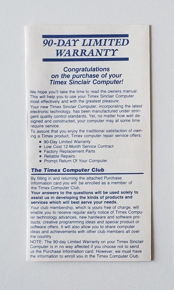 Timex Sinclair TS-1000: 90-Day Limited Warranty - P482259SO