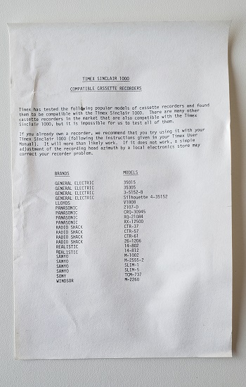 Timex Sinclair TS-1000: Compatible Cassette Recorders - P482259SO