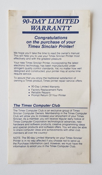Timex Sinclair TS-2040: 90-Day-Limited-Warranty - 2036809