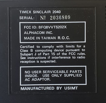 Timex Sinclair TS-2040: Etiqueta - 2036809